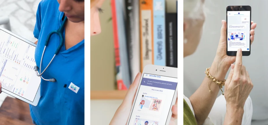 Équipe soignante sur tablette, application Apilife sur smartphone et patiente consultant l'application