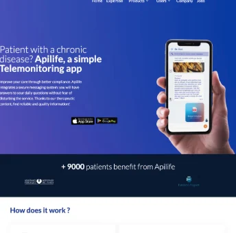 Page d'accueil du site Apilife : « Apilife, a simple Telemonitoring app »