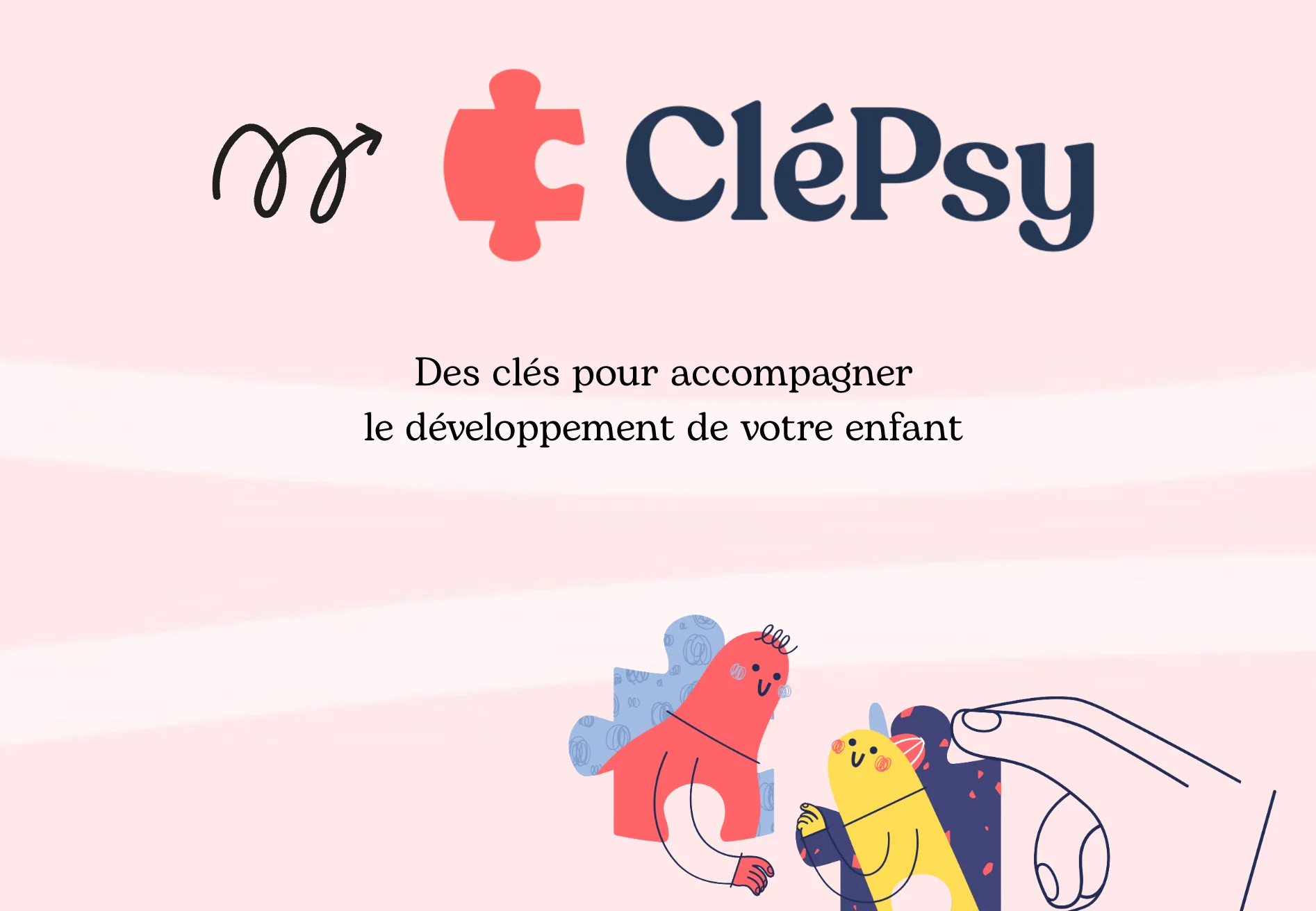Identité CléPsy : logo en pièce de puzzle et illustration « Des clés pour accompagner le développement de votre enfant »